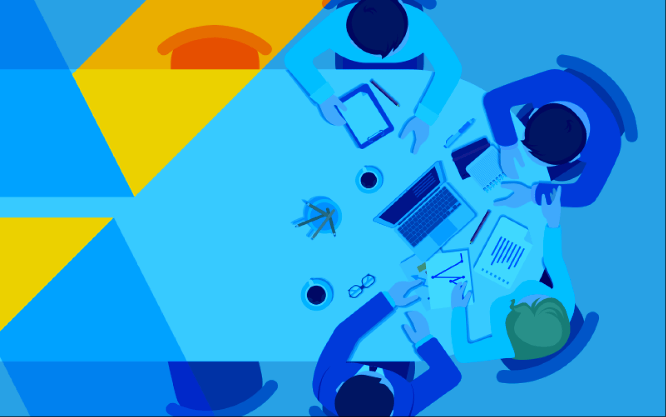 Imagem: Freepik Imagem de uma mesa de reunião, com pessoas sentadas em volta, sobreposta com o logotipo da Caixa