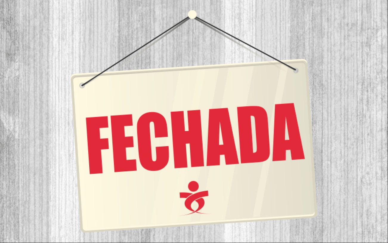Montagem: Linton Publio Placa com a palavra fechada, em vermelho, acompanhada do logotipo do Sindicato
