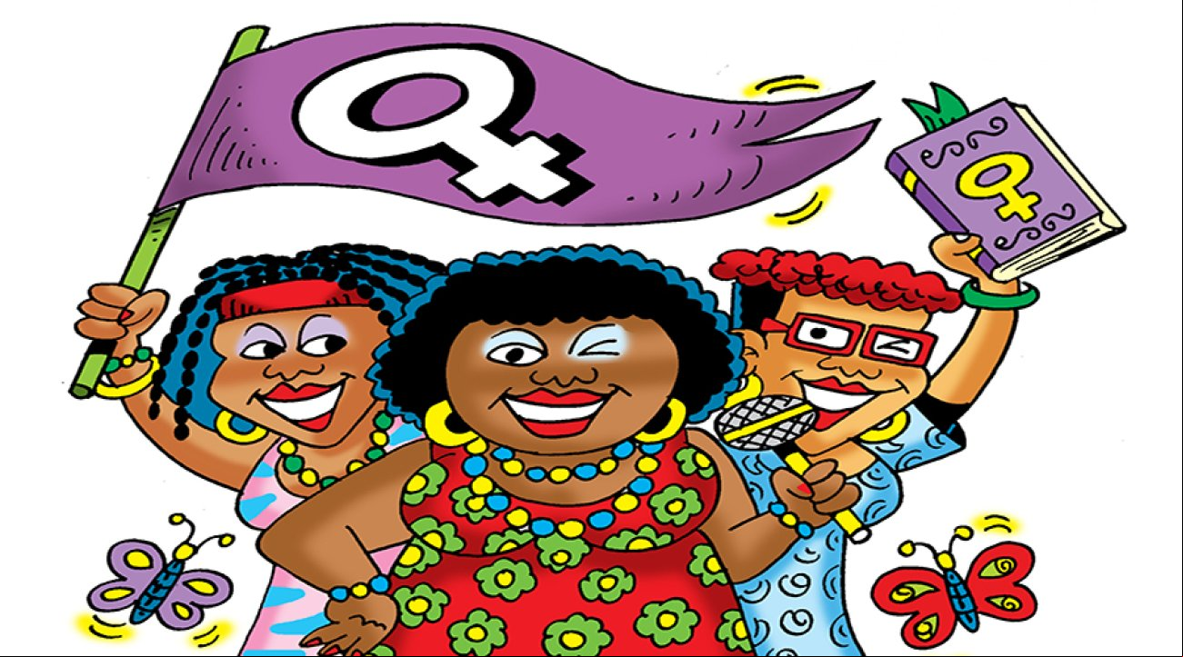Charge sobre o Dia Internacional da Mulher Negra Latino-Americana e Caribenha, composta de três mulheres, sendo uma negra, uma latino-americana e uma caribenha. uma ao lado da outra. uma delas ergue uma bandeira roxa com o símbolo do feminismo