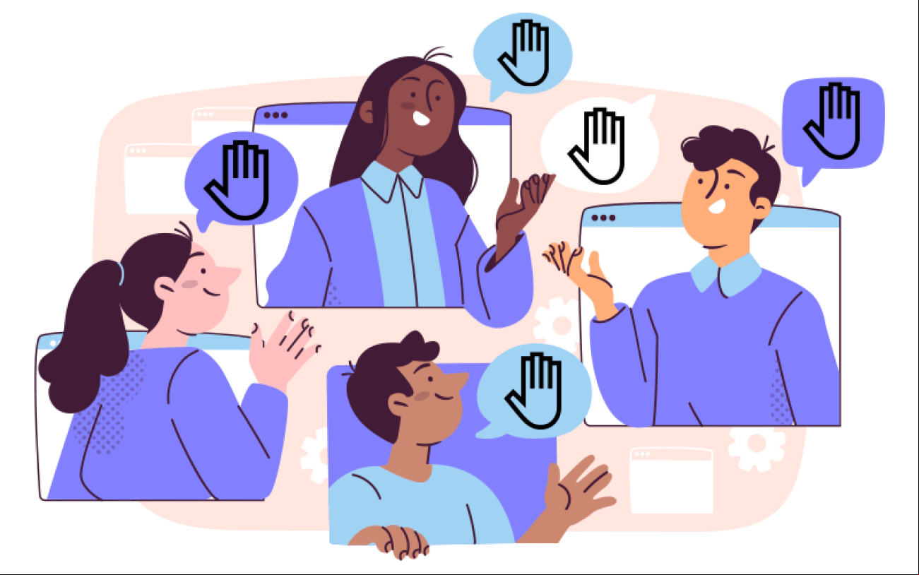 Arte: Freepik Desenho de pessoas conversando e imagens de mãos levantadas