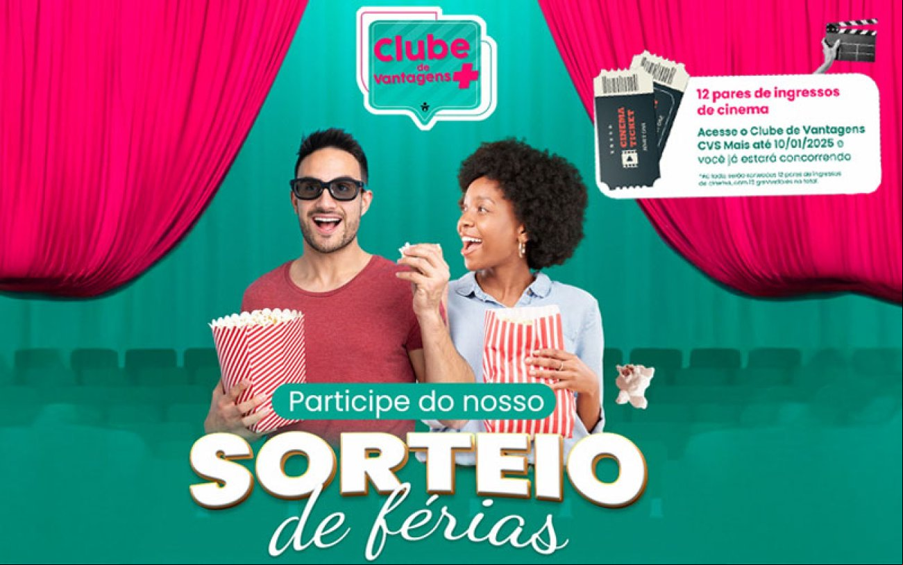 Sócios que arem a plataforma CVS Mais concorrem a 12 pares de ingressos de cinema Arte mostra um homem e uma mulher comendo pipoca na sala de cinema