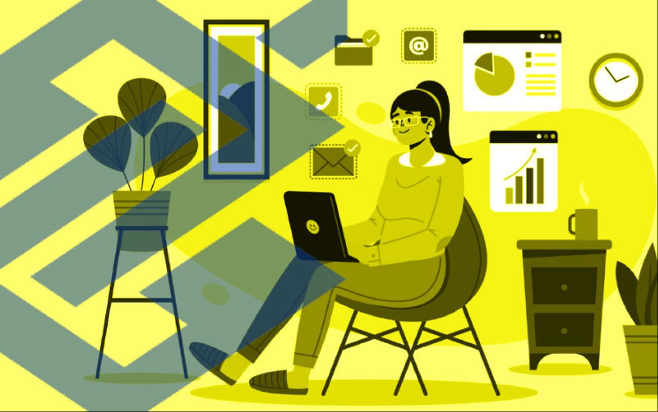 Imagem em desenho composta de uma mulher trabalhando em home-office ao lado de um logo do banco do brasil em tamanho grande