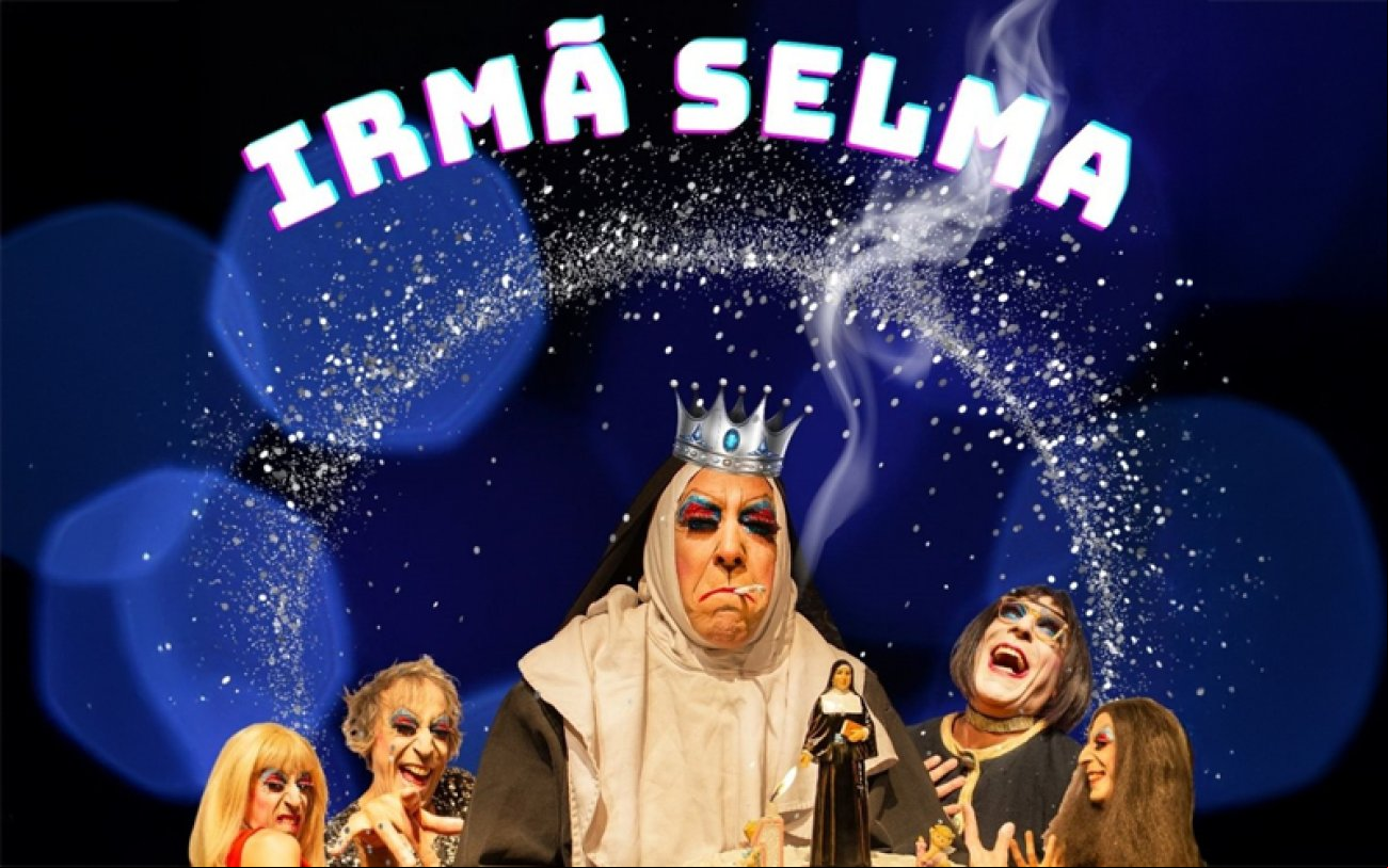 Sindicato levará 30 vips para assistir Irmã Selma Arte com fundo azul mostra as cinco personagens que compõem a comédia
