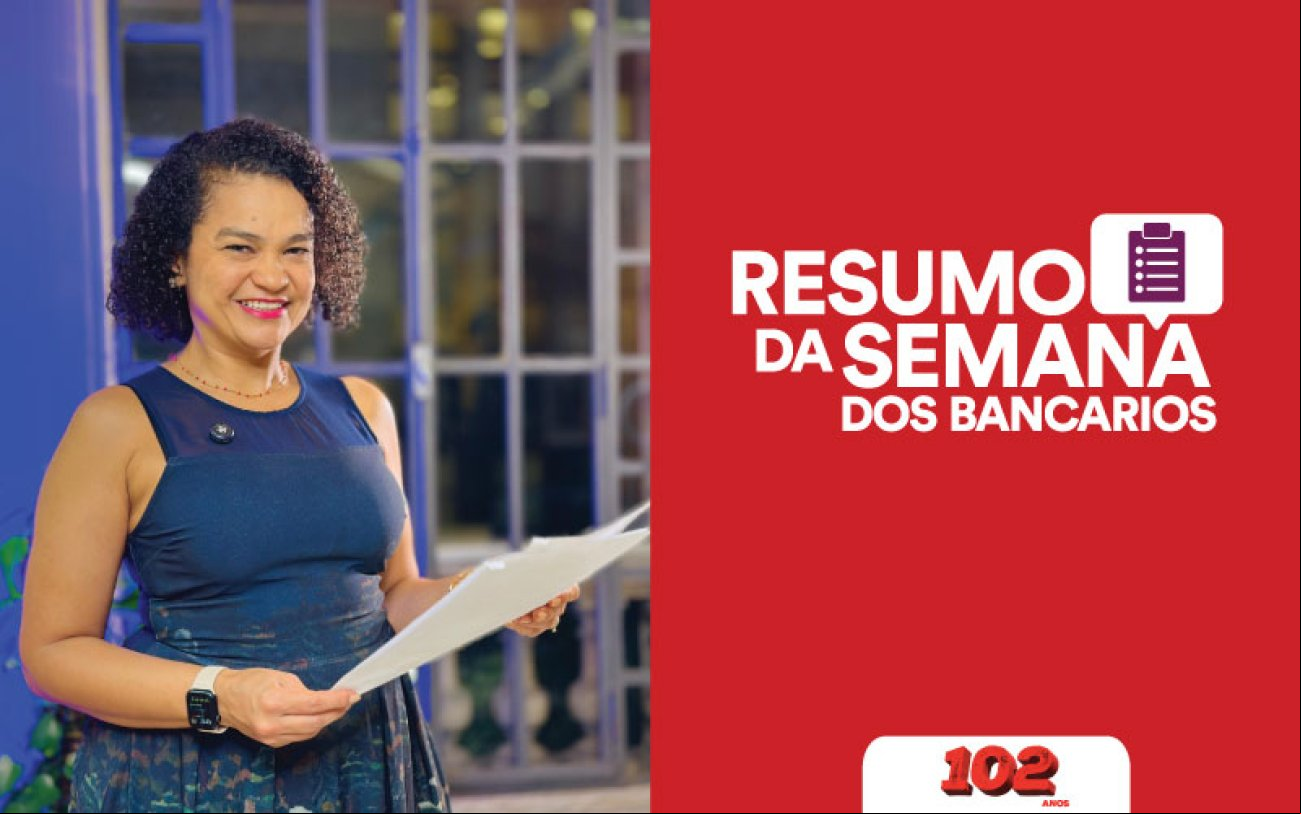 Foto: Seeb-SP Fotografia de Erica de Oliveira, secretária de Imprensa do Sindicato e apresentadora do Resumo da Semana, acompanhada da frase Resumo da Semana