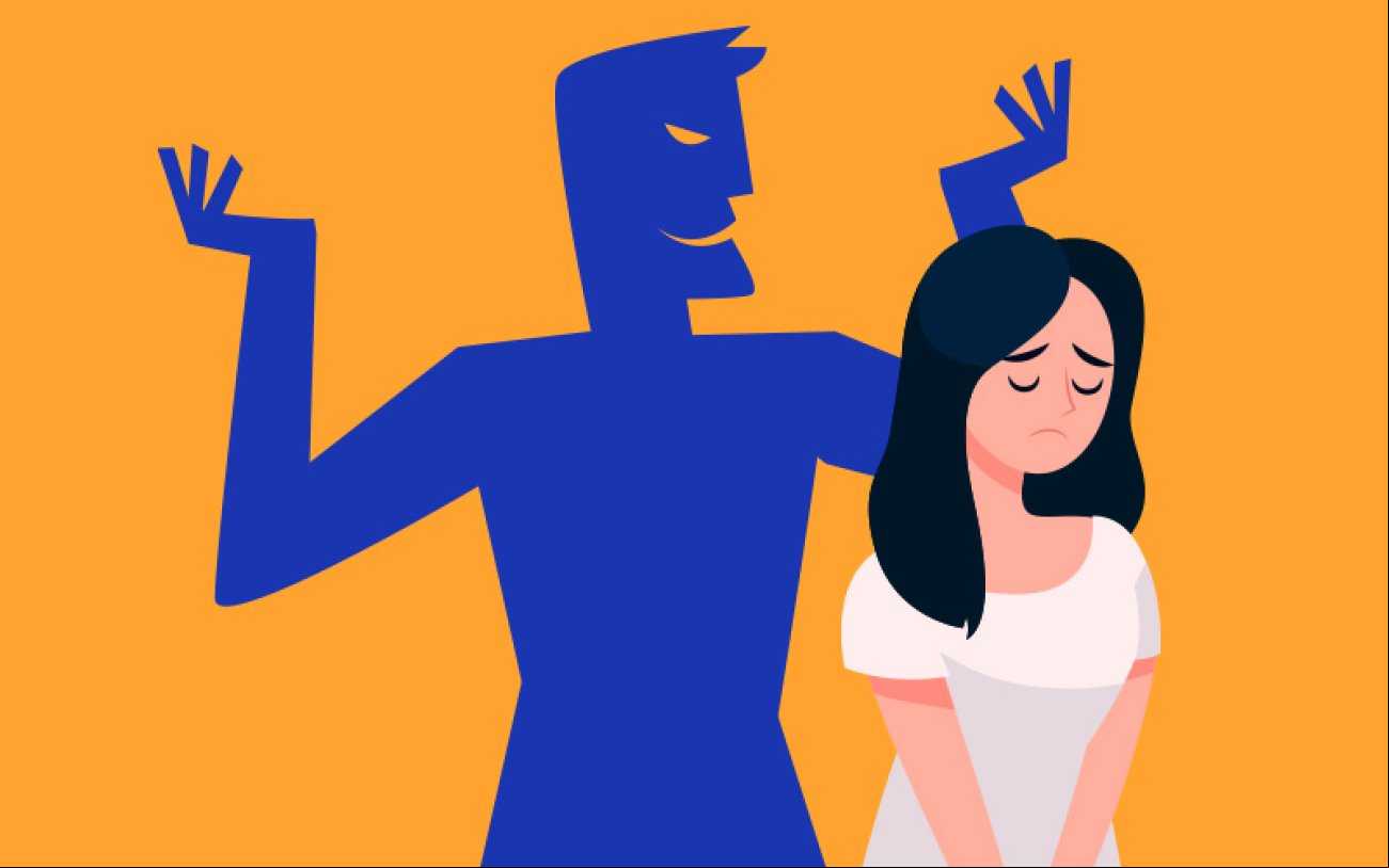 Desenho representa uma mulher sofrendo com semblante triste e postura contrangida diante de homem que pratica assédio contra ela