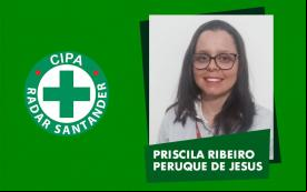Arte com fundo verde e o logo da Cipa, e a foto da candidata apoiada pelo Sindicato para a Cipa do Radar Santander, Priscila Peruque Ribeiro de Jesus