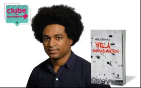 Fotografia do escritor Wesley Barbosa, acompanhada do livro Viela Ensanguentada e do logotipo do Clube de Vantagens