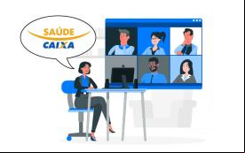 Ilustração de uma mulher participando de uma plenária do Saúde Caixa, com os outros participantes aparecendo na tela do monitor