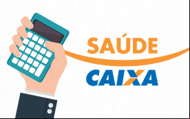 Arte em desenho mostra uma mão serguida segurando uma calculadora. Ao lado dela, o logo do Saúde Caixa