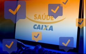 Logo do Saúde Caixa, com quadros mostrando sinal de ticado, em referência a aprovação do acordo