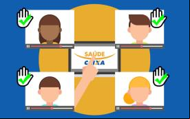 Ilustração de quatro pessoas participando de uma assembleia virtual/híbrida, com o logo do Saúde Caixa centralizado
