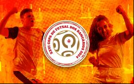 Imagem de um jogador e uma jogadora de futsal, com o logotipo do torneio no centro, em tons de laranja