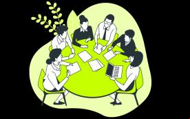 Imagem em desenho omstra pessoas reunidas em torno de uma mesa redonda. A imagem tem fundo preto e o desenho da mesa e das pessoas é na cor verde