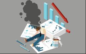 Ilustração de um trabalhador exausto, em meio a gráficos e planilhas