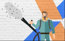 Imagem em desenho mostra um homem com equipamento de dedetização. Ao fundo uma parede de tijolos brancos e, no seu lado direito, o "X" do logo da Caixa