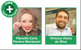 Imagem composta das fotos de Pâmella Carla Pereira Montanari e Vinicius Vieira da Silva, candidatos à Comissão Interna de Prevenção de Acidentes e Assédio indicados pelo Sindicato. No canto superior esquerdo, o logo da Cipa