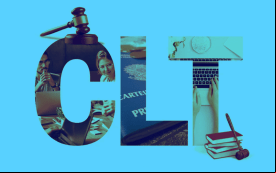Arte composta pelas letras CLT, vazadas com fotos dentro das letras mostrando carteira de trabalho e pessoas trabalhando