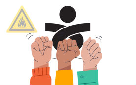 Imagem de punhos erguidos, o logo do Sindicato e um símbolo de inflamável