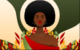 Arte em desenho de uma mulher negra com cabelo "black power" e roupa em estilo africano