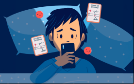 Imagem em desenho mostra um homem deitado em uma cama, com semblante adoecido, diante de um telefone celular de onde estão projetadas pequenas miniaturas documentos onde se lê "exame de retorno", ao lado dele, dois emojis de "raiva"