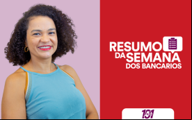 Fotografia de Erica de Oliveira, secretária de Imprensa do Sindicato e apresentadora do Resumo da Semana, acompanhada da frase Resumo da Semana