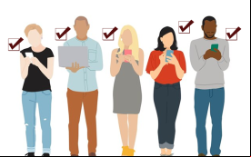 desenho de homens e mulheres com celulares