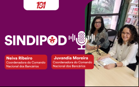 Arte mostra participantes do Sindpod. Juvandia Moreira blusa branca e Neiva Ribeiro com camisa com estampa animal print