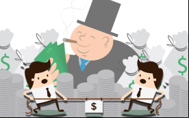 Imagem em desenho composta de dois trabalhadores disputando cabe de guerra e, atrás deles, um banqueiro acendendo um charuto com um monte de cédulas de dinheiro