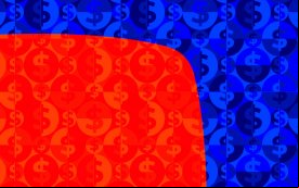 Imagem composta de uma parte do quadrado do logo do Itaú, sobre um fundo azul composto de vários cifrões