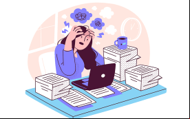 Imagem em desenho de uma mulher sobrecarregada de trabalho, sentada uma mesa, em frente a um computador, com pilhas de papeis sobre a mesa e nuvens escuras sobre sua cabeça