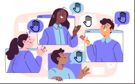 Desenho de pessoas conversando e imagens de mãos levantadas