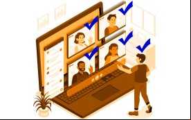 Imagem em desenho composta de um homem em frente a uma tela gigante de computador que projeta quatro figuras humanas