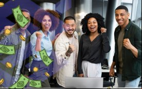 Imagem mostra quatro pessoas comemorando enquanto caem notas de dinheiro
