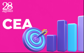 Ilustração da palavra CEA, acompanhada de um gráfico e um alvo, em fundo rosa