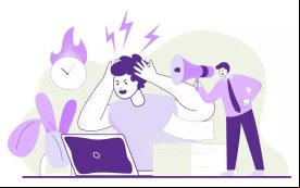 Imagem em desenho mostra uma trabalhadora com as mãos na cabeça e o semblante preocupado enquando. Da sua cabeça saem raios, equanto atrás dela um homem grita em sua direção e portando um megafone