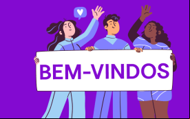 Ilustração de três pessoas segurando uma placa escrito "bem-vindos"