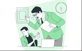 Arte em desenho mostra uma cena de assédio moral: de pé, um gestor grita com seu subordinado, sentado em uma mesa de trabalho, em frente a um computador