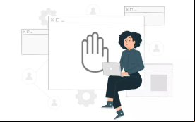 Desenho de uma mulher sentada na frente de um notebook e ao fundo imagens de telas de computador com uma mão levantada simulando um voto 