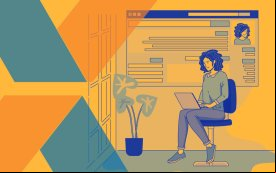 Ilustração de uma mulher usando um notebook, preenchendo um formulário de inscrição