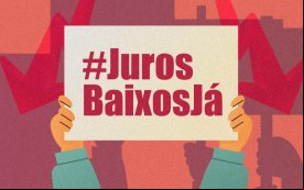 Ilustração de uma pessoa segurando um carta com a frase #JurosBaixosJá