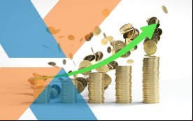 Imagem de uma pilha de moedas, formando um gráfico de barras, acompanhada de uma seta para cima e o logotipo da Caixa