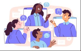 Ilustração de quatro pessoas participando de uma assembleia virtual