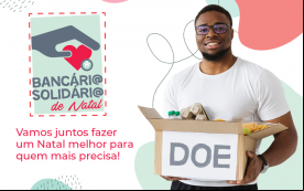 Imagem de um homem com uma cesta alimentação, acompanhada da palavra doe e do logo da campanha Bancário Solidário de Natal