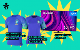Imagem dos prêmios da campanha de associação: camisa masculina da seleção; camisa feminina da seleção; TV 50 polegadas