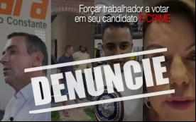 Imagem de patrões coagindo empregados a votar no seu candidato, acompanhada da palavra denuncie