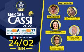 arte com o logo da live composta pela data da transmissão, que será sexta-feira 24, às 18h, por meio do facebook.com/spbancarios e youtube.com/spbancarios, e com o logo da Cassi e com fotos dos participantes