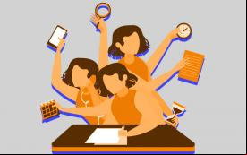 Arte em desenho mostra três mulheres exercendo múltiplas funções ao mesmo tempo, representando o acúmulo de tarefas a que os bancários de agências do Itaú estão submetidos