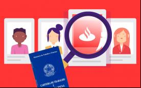 Arte em desenho com fundo vermelho composta por imagens de rostos humanos simulnaod fotos 3 por 4 em fileira. em uma delas está o logo do santander sob uma lupa. Na parte inferior da lupa, uma carteira de trabalho