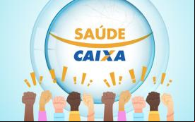 Arte em desenho com fundo na cor azul, o logo do Saúde Caixa no centro, e punhos cerrados na parte inferior