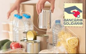 Imagem de uma cesta de alimentos acompanhada do logo da campanha Bancário Solidário